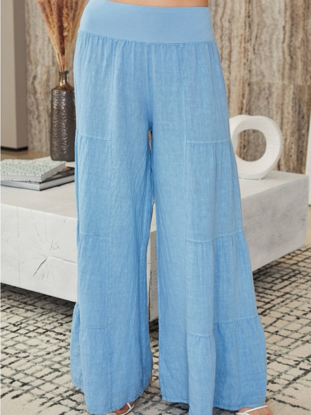 NWT Milio Milano Linen Tiered Palazzo Pants Sky Blue Size Large Made In Italy